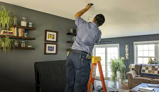 Man on a ladder installing or repairing a ceiling light fixture in a living room with dark gray walls and wooden floating shelves.